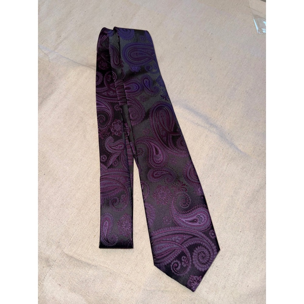 Ferrecci Mens Purple Black Paisley Silk Feel Satin Necktie Formal Wedding Tie